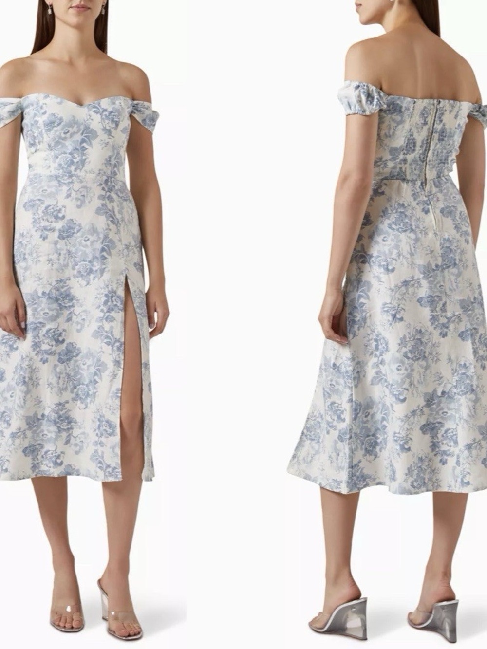 Reformation bridgton linen dress Corsica blue white floral toile midi puff sleev